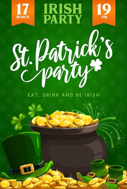 Folheto de festa do St. Patricks Day ou cartaz do feriado da religião irlandesa. Pote do tesouro do duende com ouro, folhas de trevo verde e trevo da sorte, moedas de ouro, chapéu e sapatos, design de festa de pub irlandês