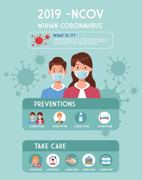 Folheto de pandemia covid19 com casal usando máscaras infográficos ilustração design