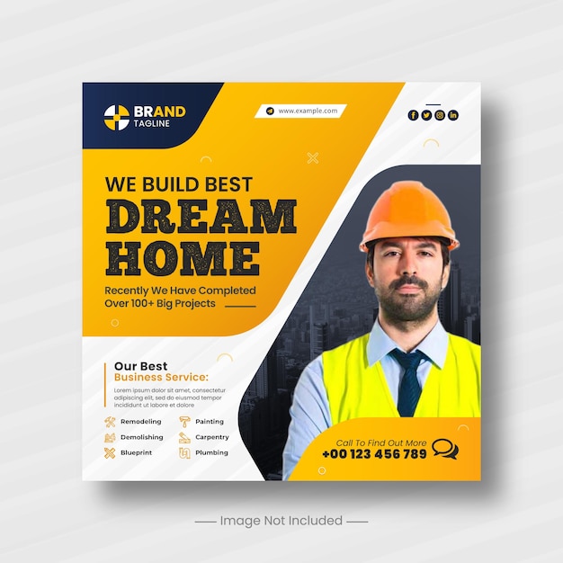 Folheto de serviços de construção e reforma de casas post de mídia social do instagram e modelo de banner da web