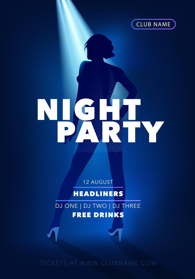 Folheto de vetor de festa à noite, cartaz com a garota dançando. Anúncio do clube discoteca. Performance musical ou concerto durante o festival