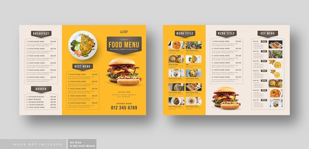 Folheto do menu de comida com três dobras para restaurante