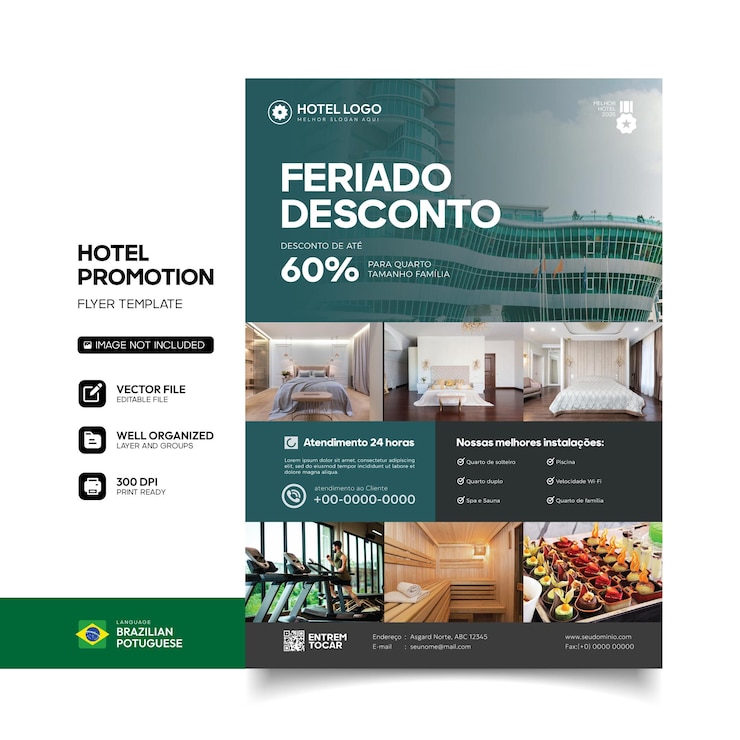 Vetor folheto moderno do city hotel em português brasileiro