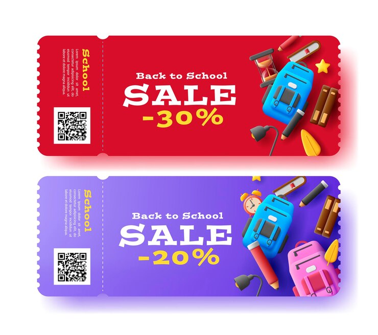 Vetor folheto promocional de venda com desconto com ilustração 3d de objetos escolares