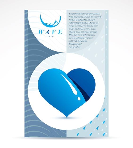 Folheto publicitário da empresa de tratamento de água. ilustração abstrata de vetor de água pura, forma de coração.