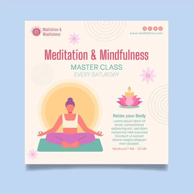 Vetor folheto quadrado de meditação e atenção plena