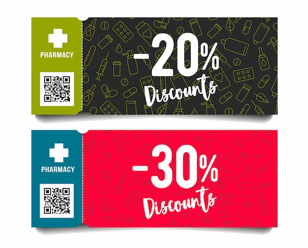 Vetor folhetos de promoção de publicidade com juros de desconto e ícones de linha médica no pano de fundo com