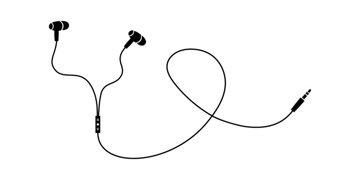 Vetor fone de ouvido com fio silhueta preta com fones de ouvido pequenos e conector ouvir música