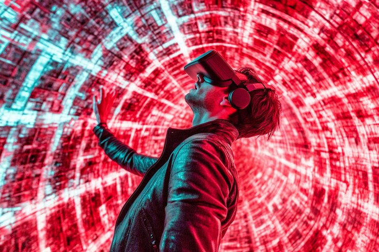 Vetor fone de ouvido de realidade virtual 3d estúdio de luz de néon retrato vidro ilustração de arte digital inovação
