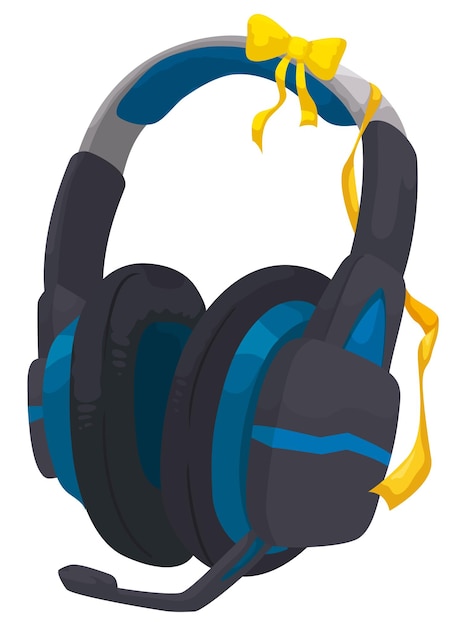 Vetor fones de ouvido azuis para jogos com microfone decorado com laços amarelos para um presente fabuloso