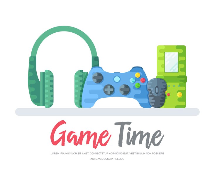 Vetor fones de ouvido com gamepad e mouse com brinquedo tetris sobre palavras de tempo de jogo