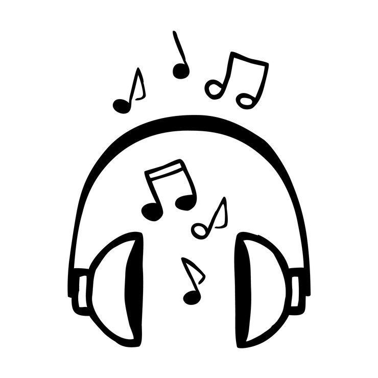 Fones de ouvido Doodle com musica tocando mão desenhada com linha preta fina