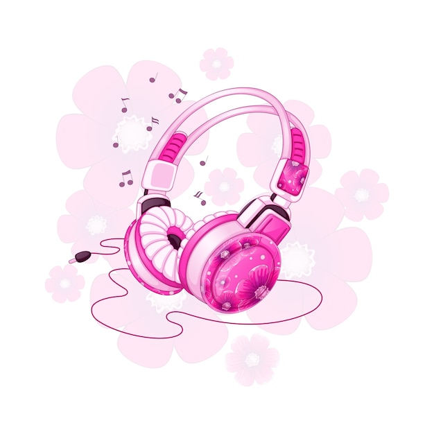 Fones de ouvido estéreo elegantes com um design floral rosa.