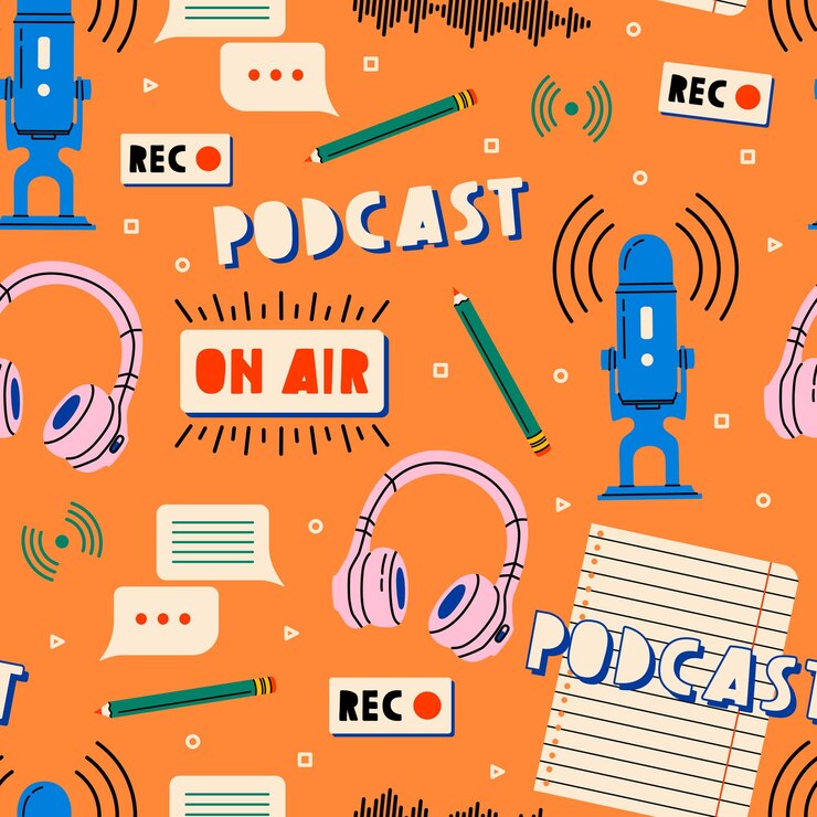 Vetor fones de ouvido, microfone, lista de notas, chá, padrão sem emenda de ícones de bolhas de fala. gravação de podcast