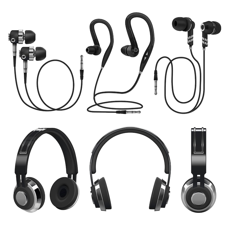 Vetor fones de ouvido realistas, fones de ouvido sem fio e com fio de música. ilustração em vetor 3d isolada