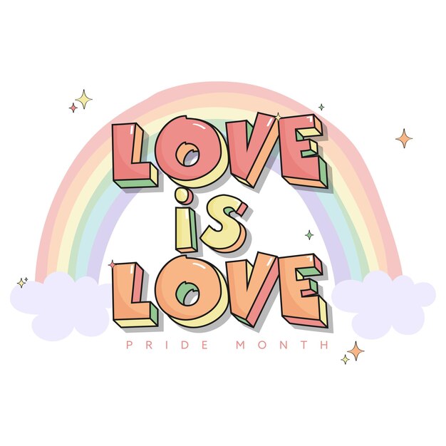 Fonte 3d love is love com arco-íris pastel e nuvens em fundo branco