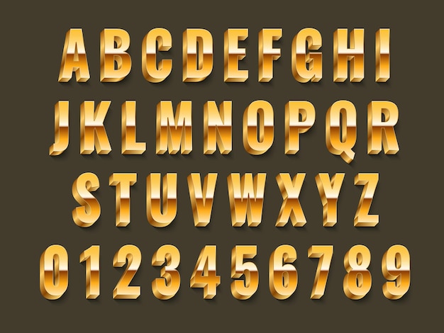 Fonte 3d ouro Alfabeto latino de metal realista efeito brilhante letras maiúsculas em inglês e números metálicos tipografia dourada de luxo vip e inscrições de prêmios Vetor 3d abc conjunto isolado