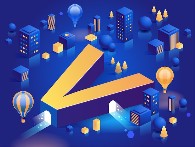 Fonte abstrata isométrica de vetor letra v com ícones