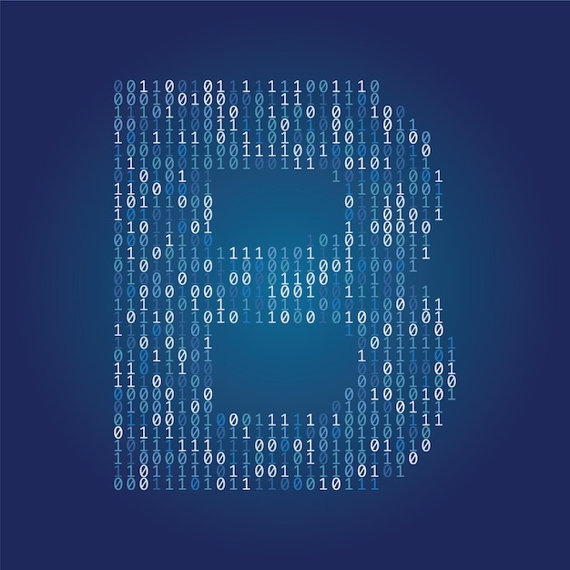 Fonte da letra b feita de dígitos de código binário em um fundo azul escuro