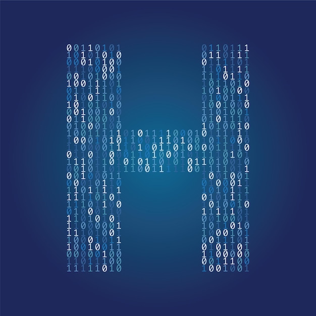 Fonte da letra h feita de dígitos de código binário em um fundo azul escuro