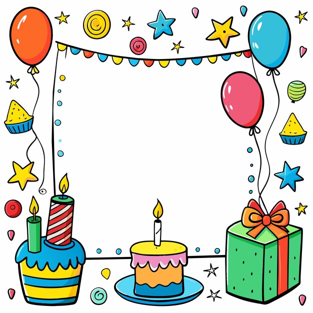 Vetor fonte de aniversário feliz com balões, chapéu, bolo e moldura de foto, conceito de ícone de adesivo desenhado à mão
