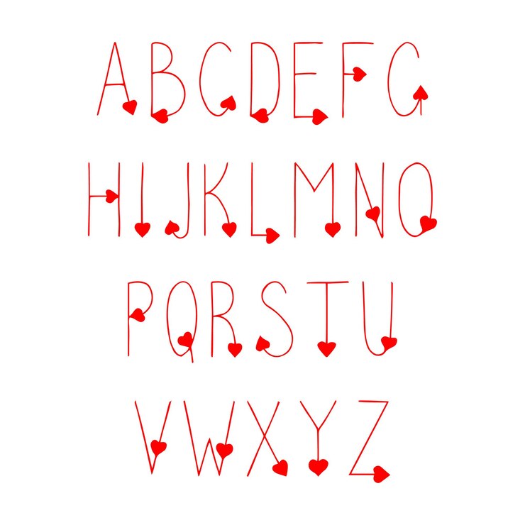 Vetor fonte de coração desenhada de mão. amor vector alfabeto inglês desenhado à mão. estilo de desenho animado doodle. letras isoladas de clipart com decoração de coração. alfabeto fofo para banners, convites, saudação do dia dos namorados.