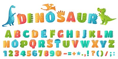 Fonte de dino dos desenhos animados. letras e números do alfabeto de dinossauros
