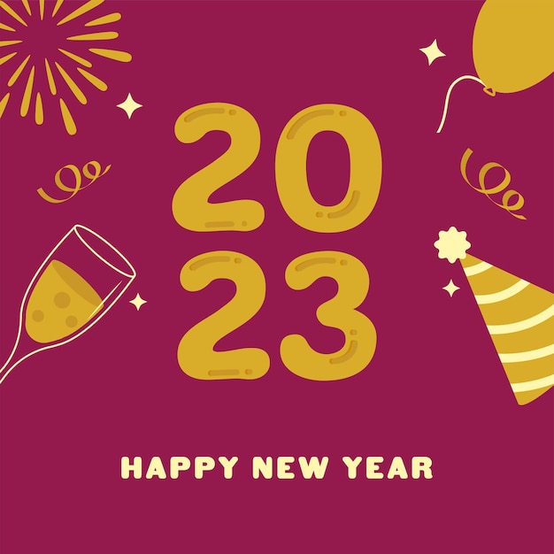 Fonte de feliz ano novo 2023 com chapéu de festa plano balão taça de champanhe e fogos de artifício em fundo rosa