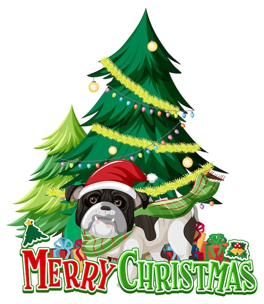 Fonte de feliz natal com árvore de natal e bulldog