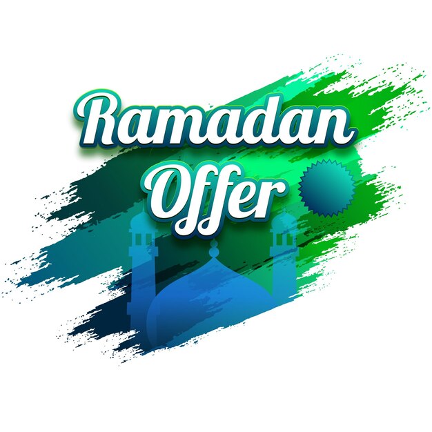 Fonte de oferta de ramadã estilo adesivo com rótulo vazio de mesquita azul e efeito de pincelada no fundo branco publicidade poster design
