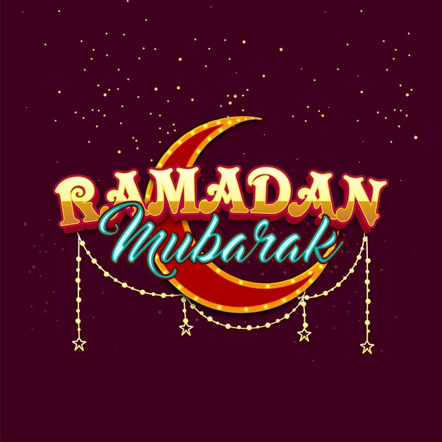 Fonte de ramadan mubarak dourada e azul com lua crescente em luzes de letreiro star string em fundo de luzes claret