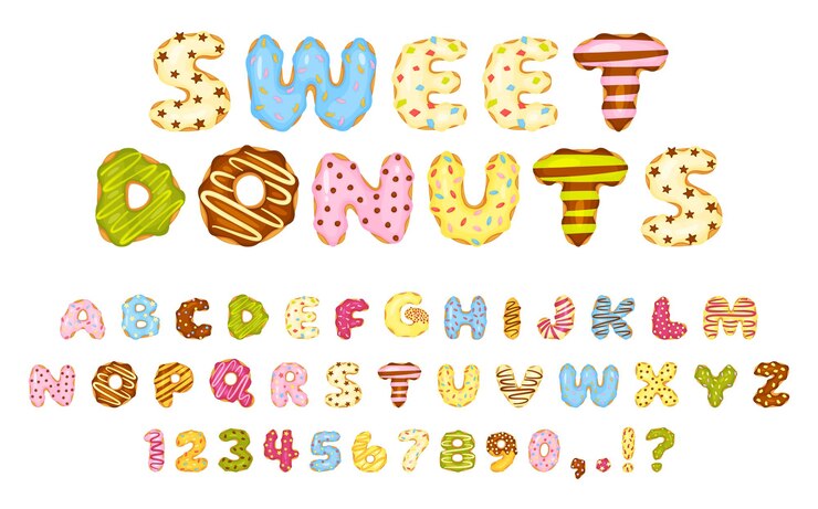 Vetor fonte de rosquinhas doces dos desenhos animados, letras e números de rosquinhas vitrificadas coloridas. conjunto de alfabeto de sobremesa fofo, deliciosos donuts abc com granulado. idioma inglês, numerais e sinais de pontuação