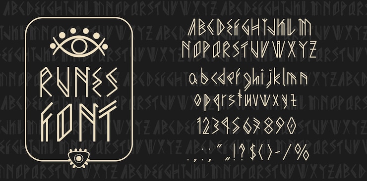 Vetor fonte de runas viking tipo escandinavo tipo antigo tipo de letra alfabeto nórdico conjunto de fontes de letras góticas e números com elementos de tipografia celta medieval e símbolos étnicos rúnicos alfabeto viking