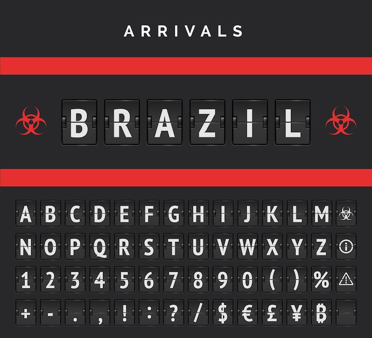 Vetor fonte de vetor analógico de chegadas da placa de aeroporto. os voos do brasil fecharam devido à pandemia. sinal vermelho de risco biológico