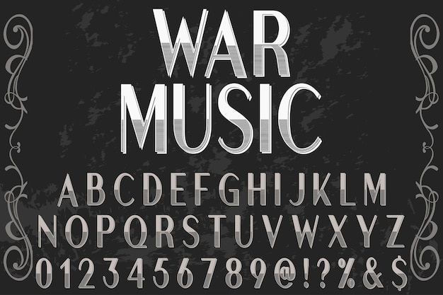 Fonte do alfabeto script tipo de letra feito à mão com design de rótulo escrito à mão chamado música de guerra