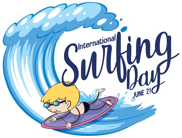 Fonte do Dia Internacional do Surf com um personagem de desenho animado de um menino surfando