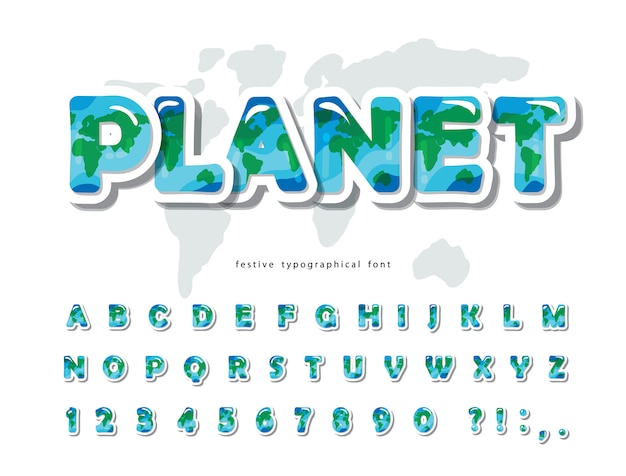 Fonte do planeta terra. alfabeto criativo para o meio ambiente, ecologia.