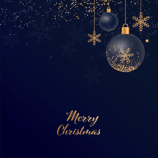 Fonte dourada feliz Natal com enfeites transparentes, flocos de neve dourados pendurar e efeito de brilho sobre fundo azul.