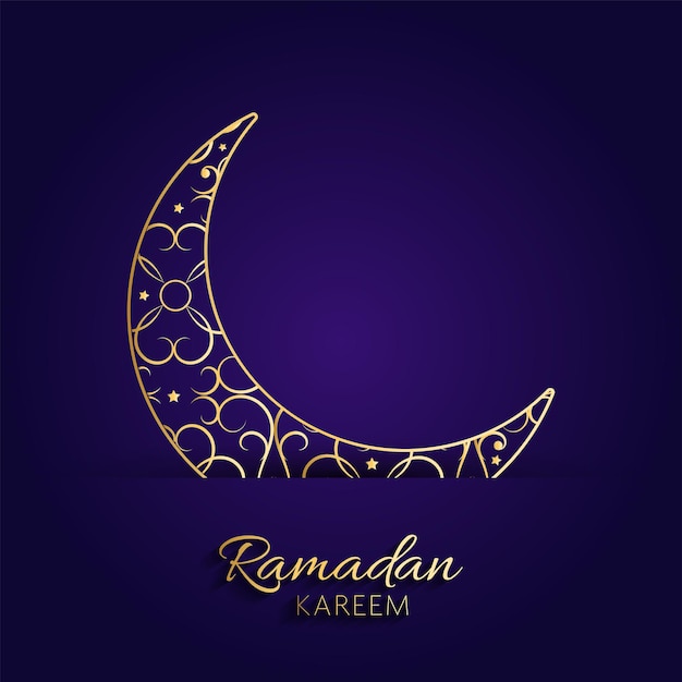 Vetor fonte dourada ramadan kareem com ornamento lua crescente em fundo azul e violeta