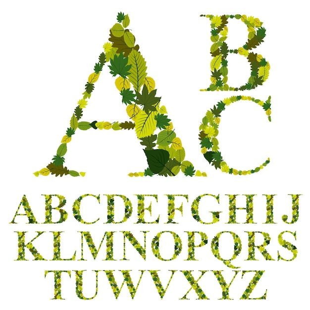 Vetor fonte feita com folhas, conjunto de letras do alfabeto floral, desenho vetorial.