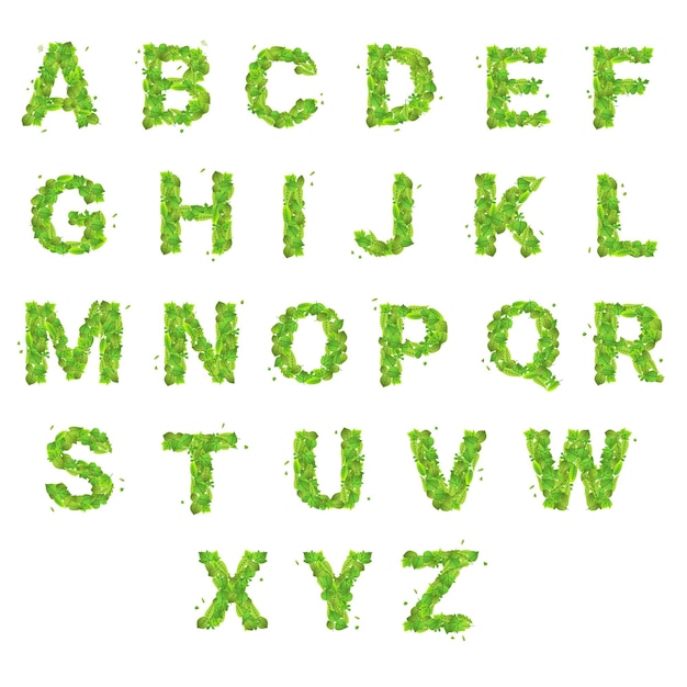 Vetor fonte feita com letras do alfabeto floral de folhas frescas verdes definir design vetorial