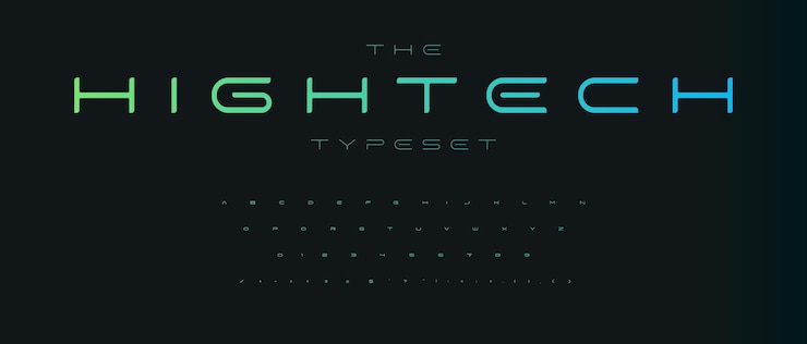 Vetor fonte futurística expandida, alfabeto largo e composição tipográfica de alta tecnologia para título e logotipo de dados hud ai