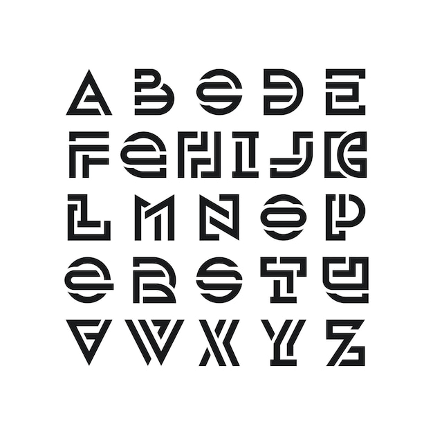 Fonte latina quebrada em negrito, tipo gráfico decorativo, letras inglesas modernas pretas.