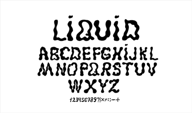 Fonte líquida yk com desenhos futuristas de distorção líquida, números do alfabeto e letras vetor