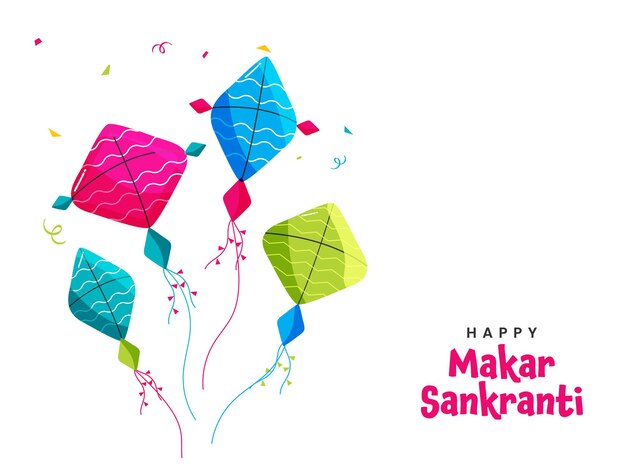 Vetor fonte makar sankranti feliz com pipas coloridas, confetes em fundo branco.