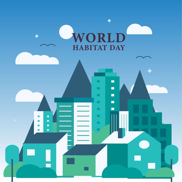 Fonte moderna do Dia Mundial do Habitat com paisagem urbana