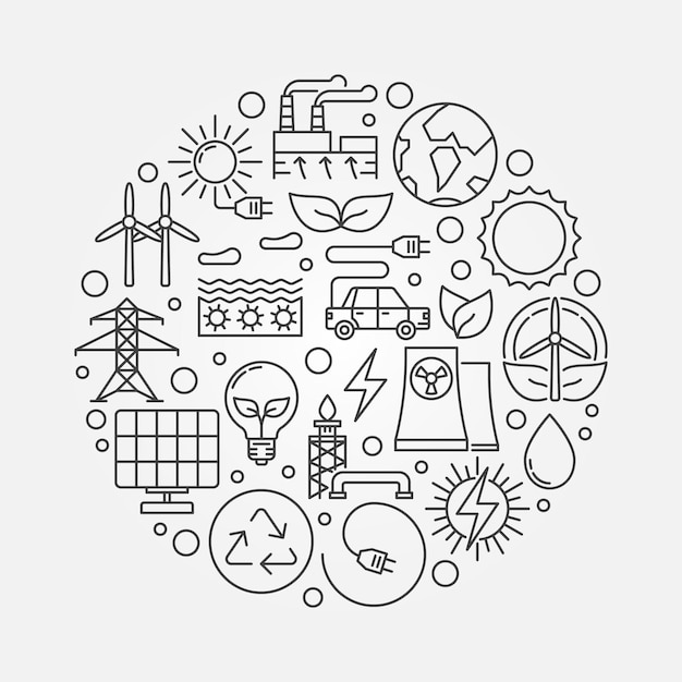 Fontes de energia alternativas vector ilustração mínima redonda em estilo de linha fina