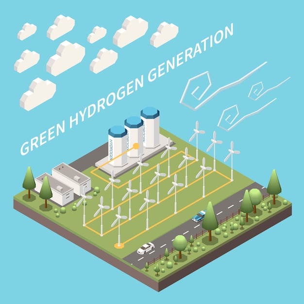 Fontes de energia renovável eólica composição isométrica hidro solar com ilustração vetorial de geração de combustível de eletricidade verde sustentável de hidrogênio