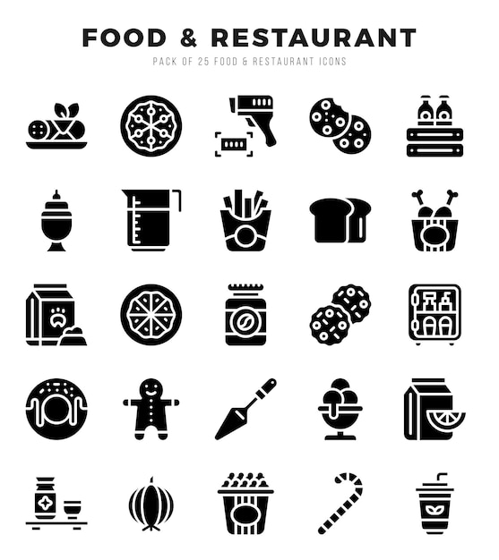 Vetor food and restaurant icon pack 25 símbolos vector para design da web