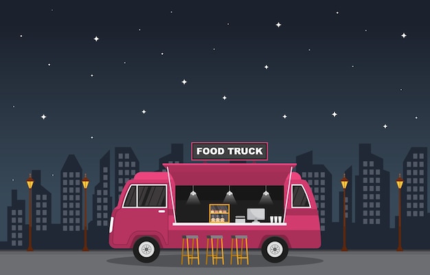 Food truck van car veículo street shop night ilustração