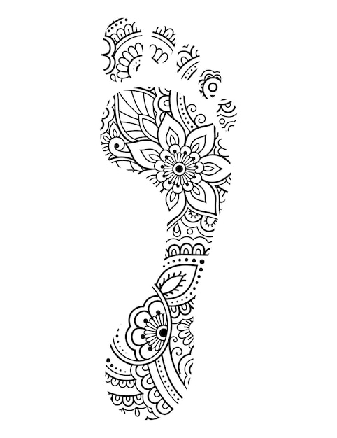 Footprint feito de flores no estilo mehndi. perna com padrão oriental. página do livro para colorir. delinear a ilustração vetorial de desenho à mão.